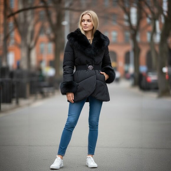 Post Card Fox Fur Trim Black Belted Hip Length Down Designer Coat Size10.R - Picture 1 of 14